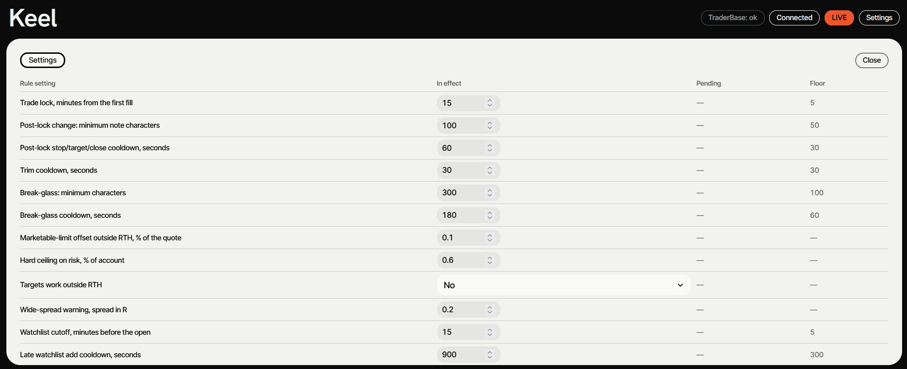 Keel settings screen listing each trading rule with its value in effect, pending value and floor