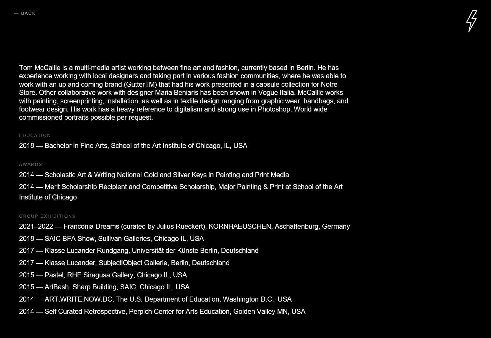 About page with bio and exhibitions