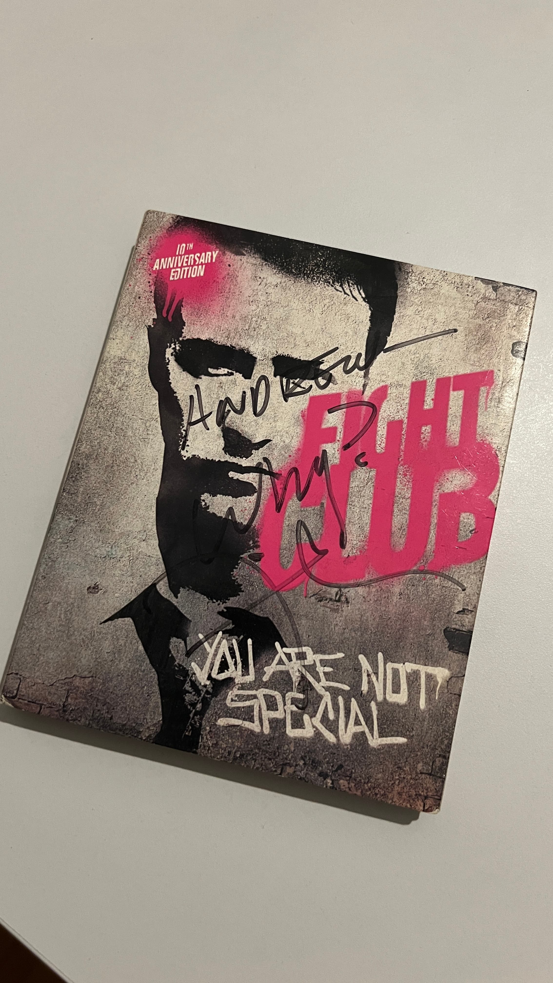 The signed Fight Club DVD, reading Andrew - WHY? - DF